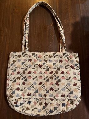 VTG Cream Floral Tapestry Tote Bag Multicolor Leaves 12”x16” Approx
